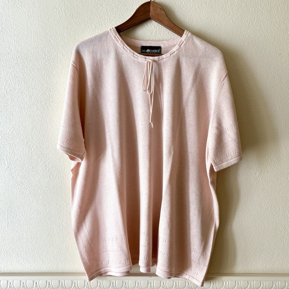 Vintage Sag Harbor Knit Sweater Top | Ramie Cotton Crewneck size 2X Blush Pink